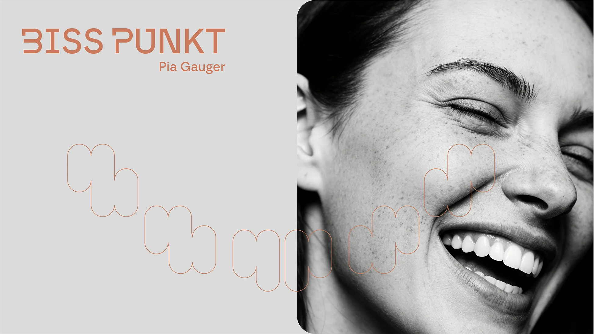 BISS PUNKT key visual card with wordmark, Pia Gauger and a laughing woman in black and white