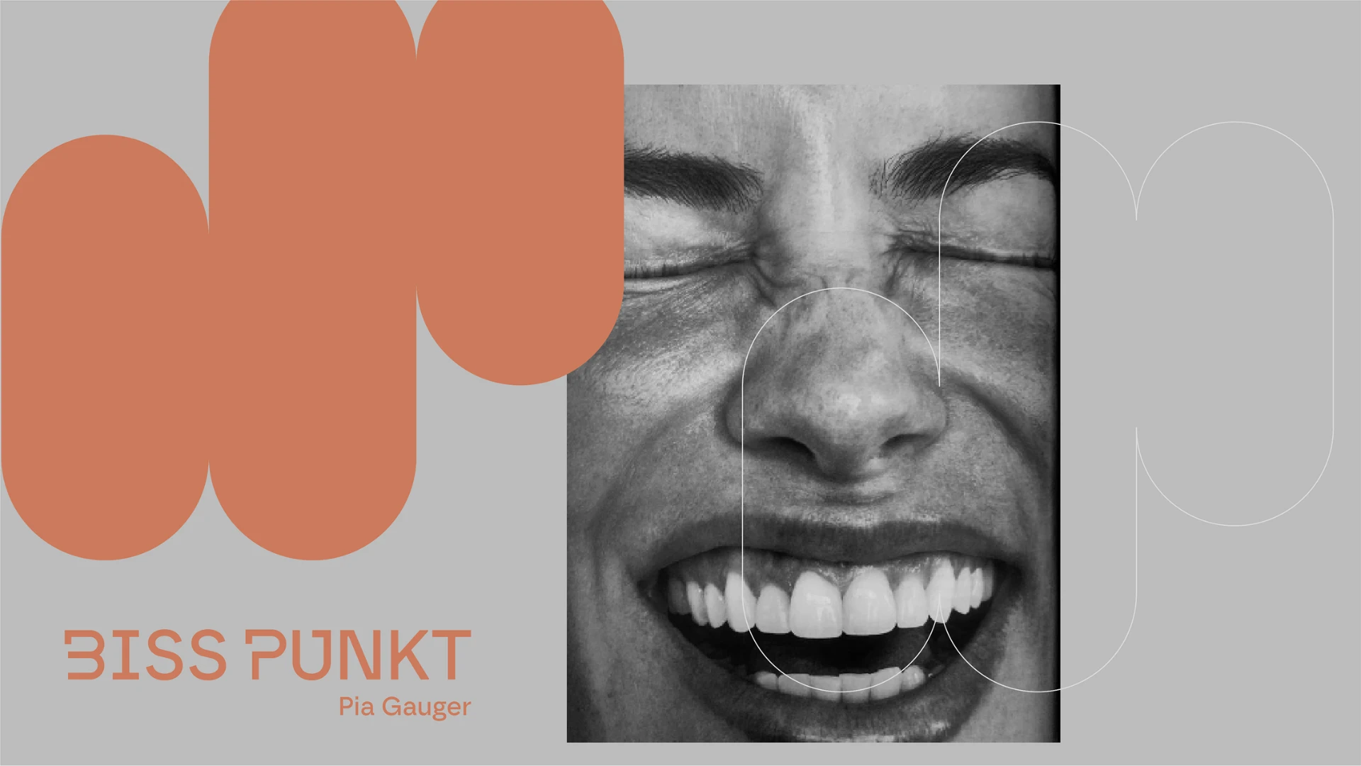 BISS PUNKT visual card with terracotta shapes and a laughing woman in black and white